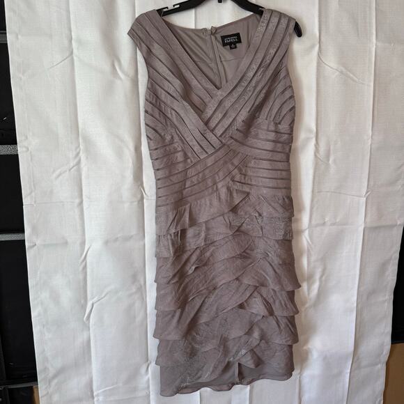 Adrianna Papell Tiered Sheath Dress Taupe V-Neck Ruched Size 10 - Picture 1 of 6